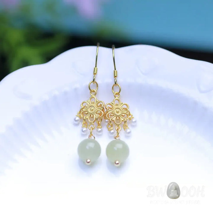 Buddha Stones Hetian Jade Flower Pattern 14K Gold Plated Luck Drop Dangle Earrings - Hetian Jade(Prosperity♥Abundance)