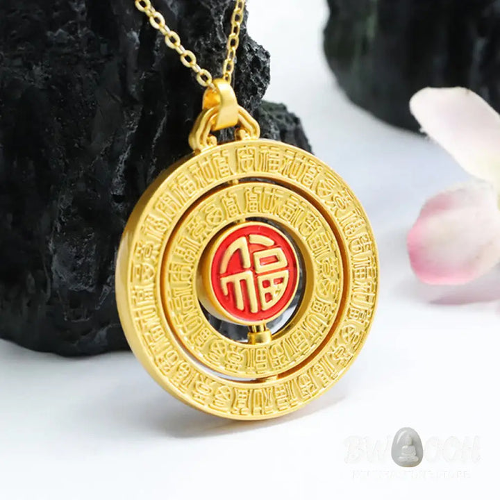 Buddha Stones Hetian Jade Hundred Blessings Fu Character Luck Rotatable Necklace Pendant - BWOOOH - Jade Hundred