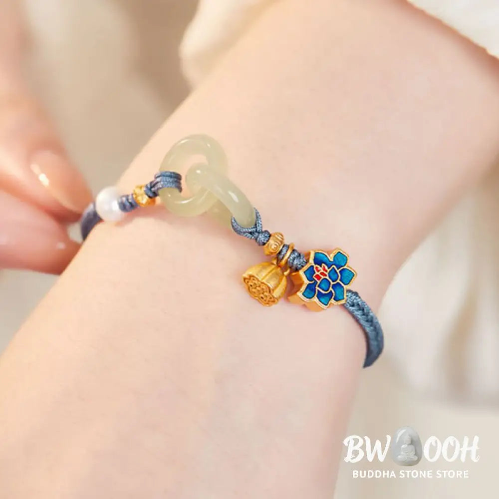 Buddha Stones Hetian Jade Lotus Peace Buckle Braided Rope Fortune Bracelet - BWOOOH - Bracelet