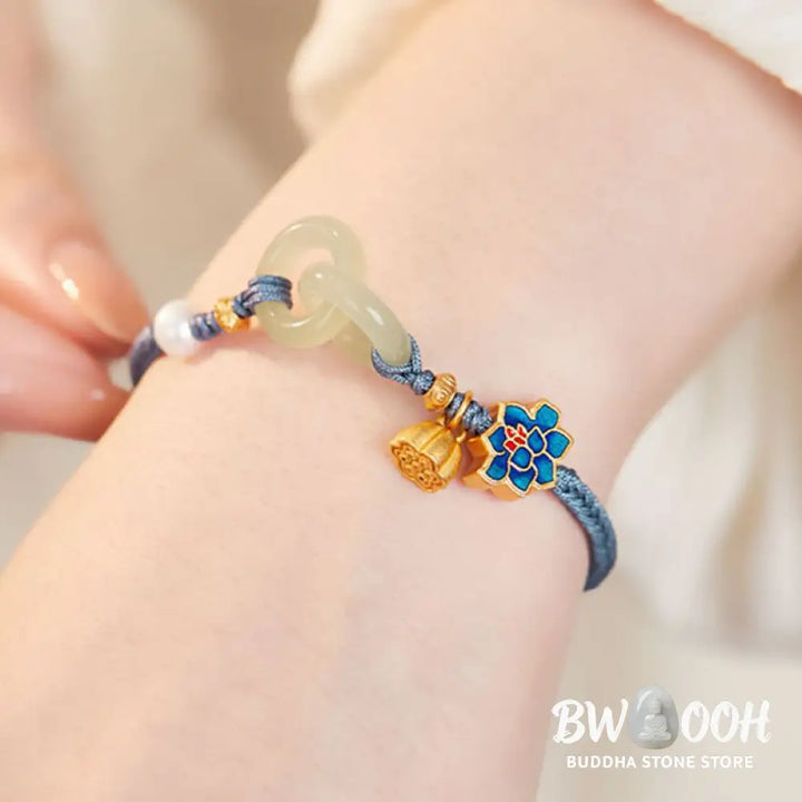 Buddha Stones Hetian Jade Lotus Peace Buckle Braided Rope Fortune Bracelet - BWOOOH - Bracelet