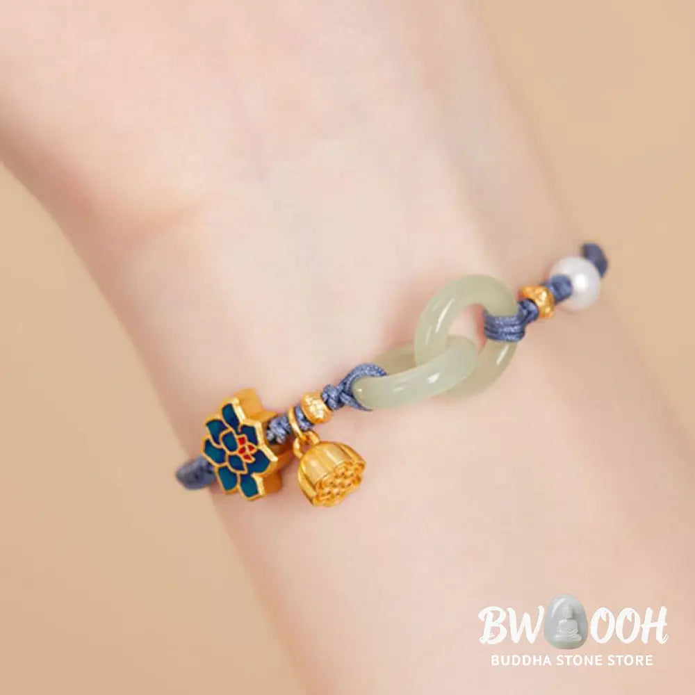 Buddha Stones Hetian Jade Lotus Peace Buckle Braided Rope Fortune Bracelet - BWOOOH - Bracelet