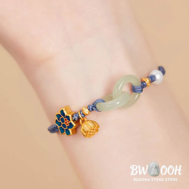 Buddha Stones Hetian Jade Lotus Peace Buckle Braided Rope Fortune Bracelet - BWOOOH - Bracelet