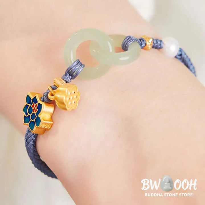 Buddha Stones Hetian Jade Lotus Peace Buckle Braided Rope Fortune Bracelet - BWOOOH - Bracelet