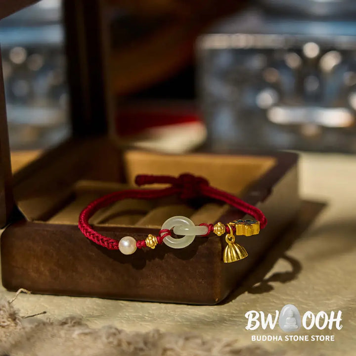 Buddha Stones Hetian Jade Lotus Peace Buckle Braided Rope Fortune Bracelet - BWOOOH - Bracelet
