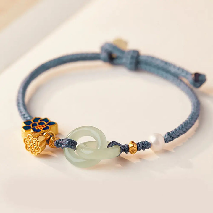 Buddha Stones Hetian Jade Lotus Peace Buckle Braided Rope Fortune Bracelet - BWOOOH - Blue(Wrist Circumference: