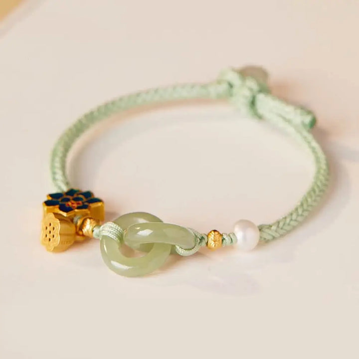 Buddha Stones Hetian Jade Lotus Peace Buckle Braided Rope Fortune Bracelet - BWOOOH - Mint Green(Wrist Circumference: