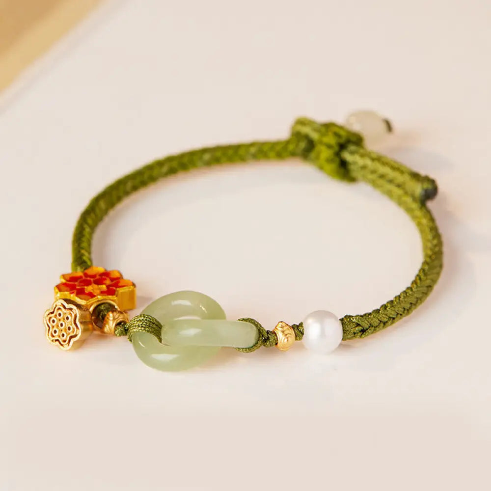 Buddha Stones Hetian Jade Lotus Peace Buckle Braided Rope Fortune Bracelet - BWOOOH - Olive Green(Wrist Circumference: