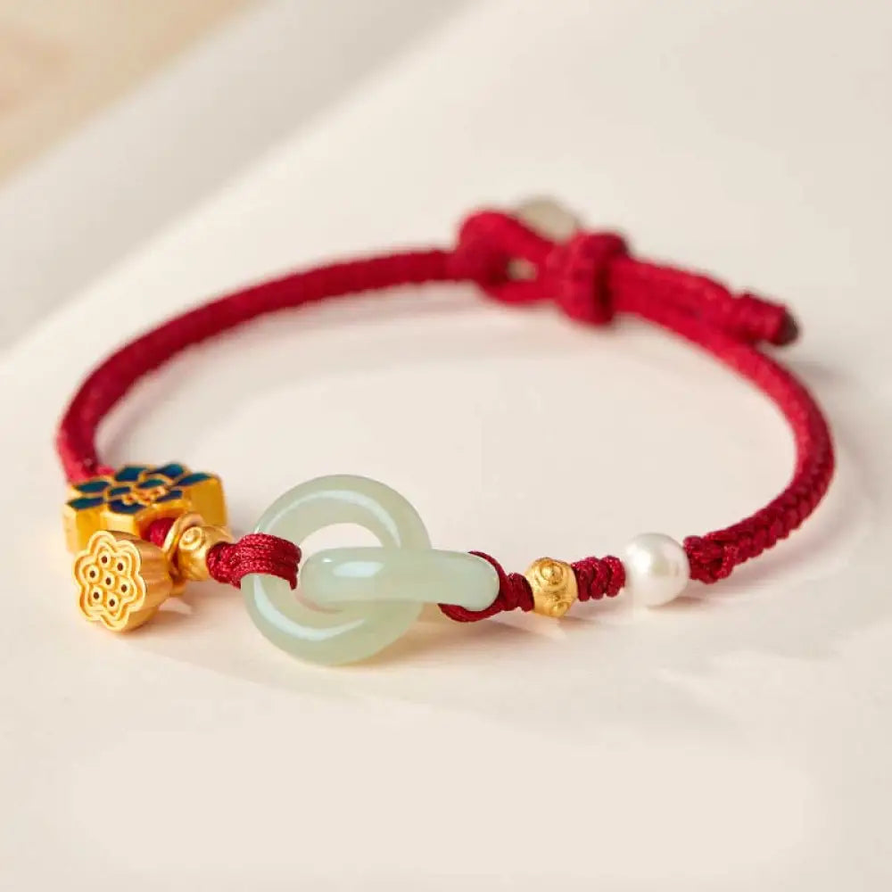 BWOOOH Hetian Jade Lotus Peace Buckle Braided Rope Fortune Bracelet - BWOOOH - Red(Wrist Circumference: 14-17cm)