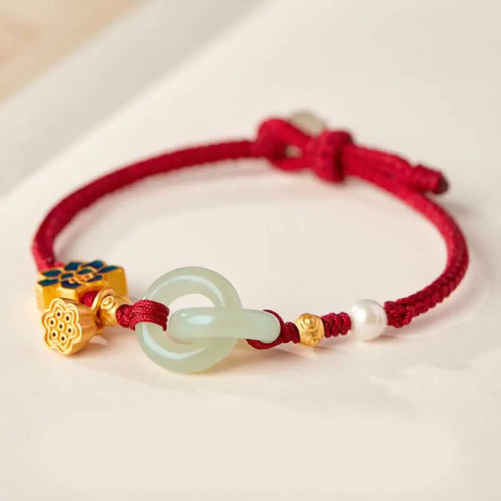 BWOOOH Hetian Jade Lotus Peace Buckle Braided Rope Fortune Bracelet - BWOOOH - Red(Wrist Circumference: 14-17cm)