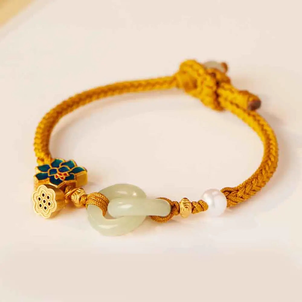 Buddha Stones Hetian Jade Lotus Peace Buckle Braided Rope Fortune Bracelet - BWOOOH - Yellow(Wrist Circumference:
