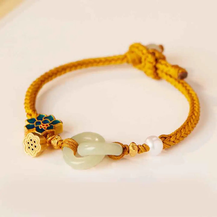 Buddha Stones Hetian Jade Lotus Peace Buckle Braided Rope Fortune Bracelet - BWOOOH - Yellow(Wrist Circumference: