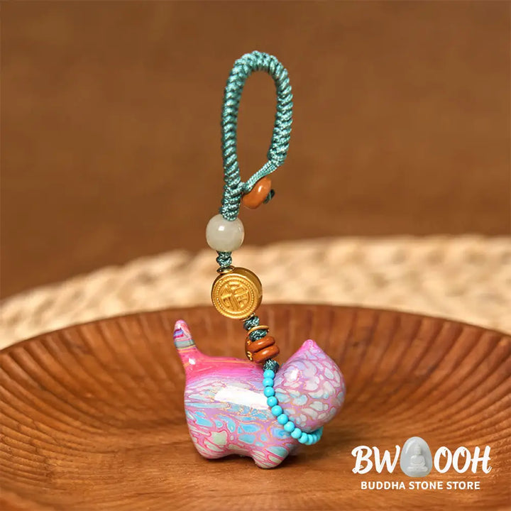 Buddha Stones Hetian Jade Natural Sandalwood Red Sandalwood Green Sandalwood Fu Character Abundance Key Chain - Key