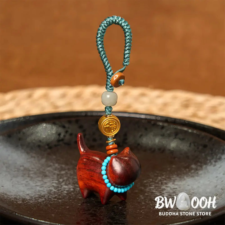 Buddha Stones Hetian Jade Natural Sandalwood Red Sandalwood Green Sandalwood Fu Character Abundance Key Chain - Key