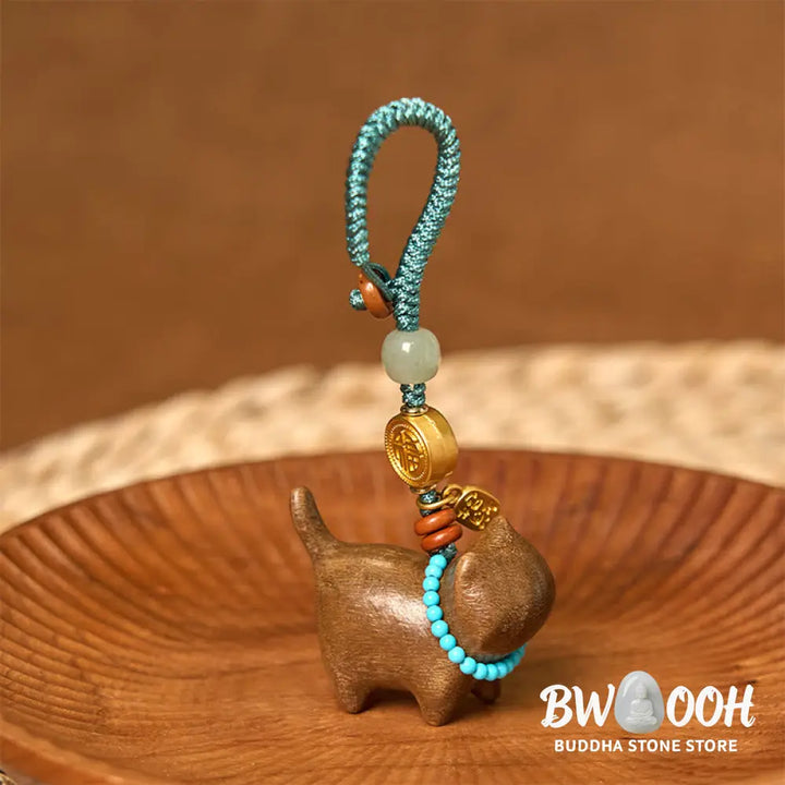Buddha Stones Hetian Jade Natural Sandalwood Red Sandalwood Green Sandalwood Fu Character Abundance Key Chain - Key