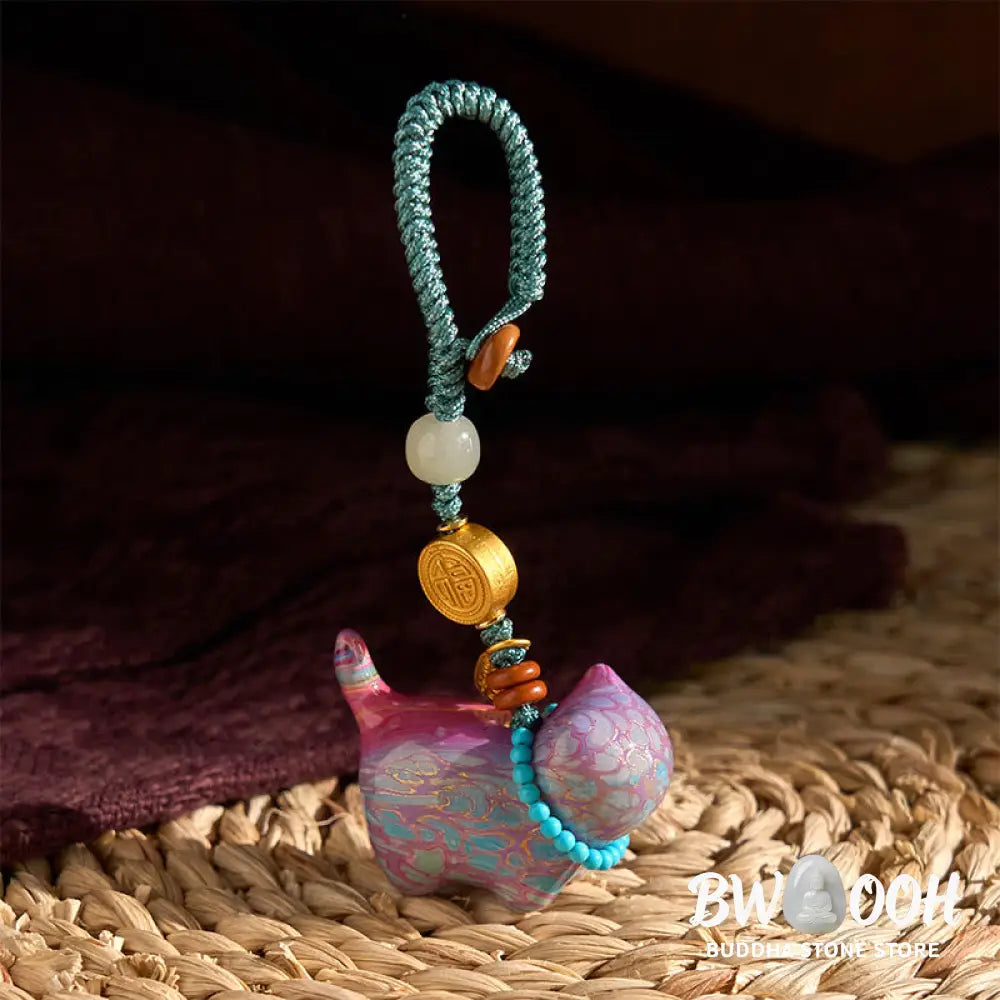 Buddha Stones Hetian Jade Natural Sandalwood Red Sandalwood Green Sandalwood Fu Character Abundance Key Chain - Key