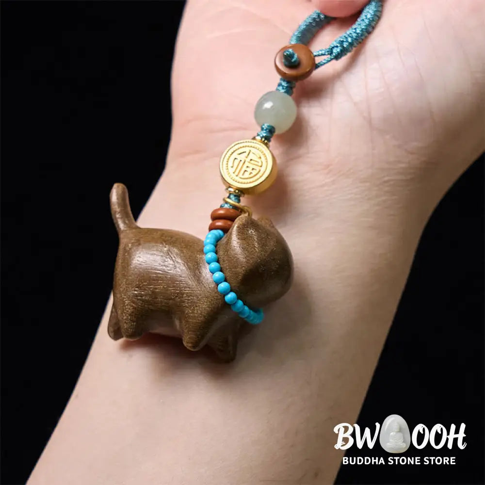 Buddha Stones Hetian Jade Natural Sandalwood Red Sandalwood Green Sandalwood Fu Character Abundance Key Chain - Key