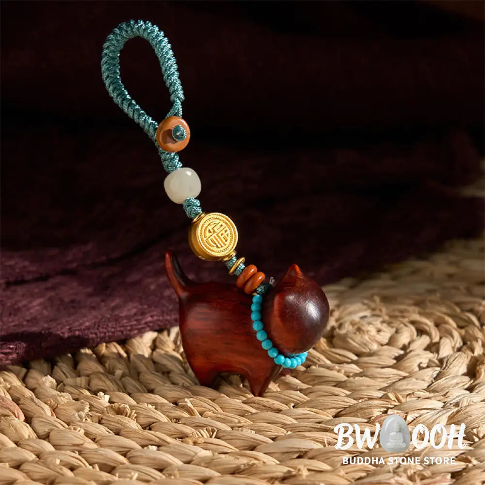 Buddha Stones Hetian Jade Natural Sandalwood Red Sandalwood Green Sandalwood Fu Character Abundance Key Chain - Key