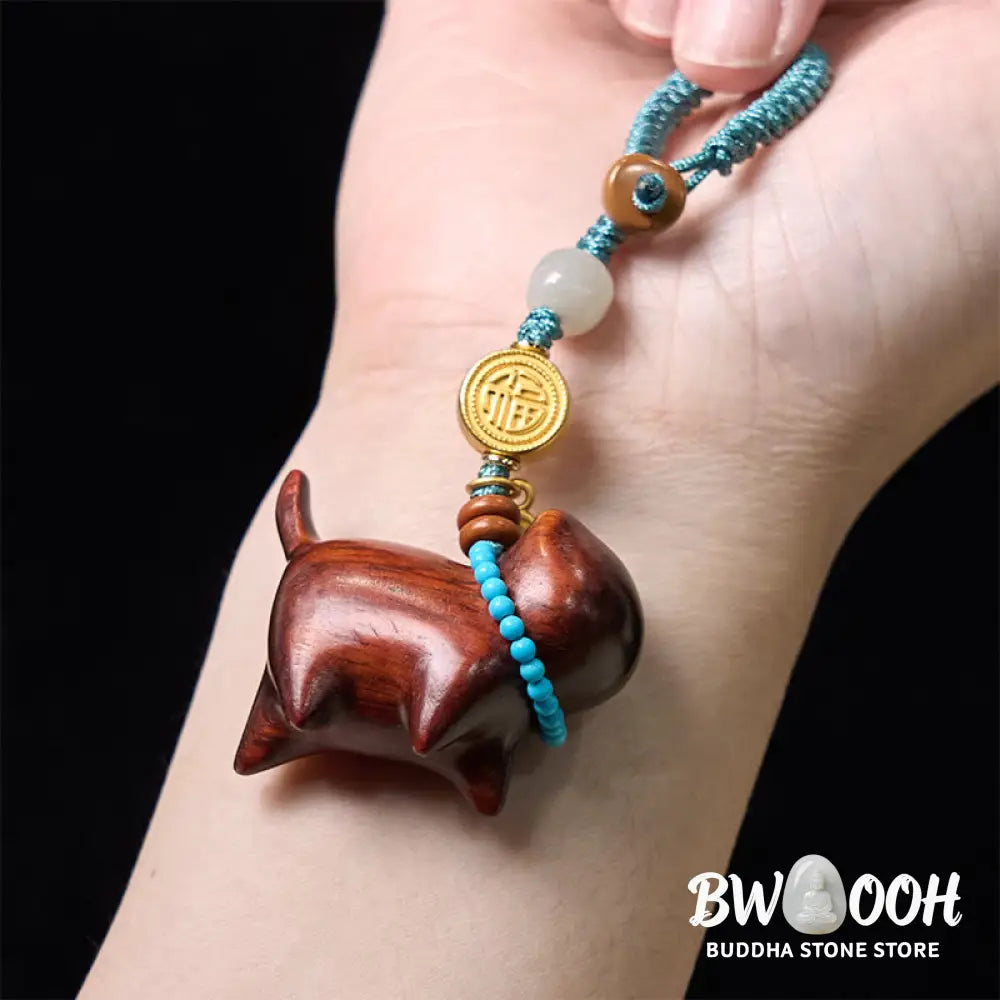 Buddha Stones Hetian Jade Natural Sandalwood Red Sandalwood Green Sandalwood Fu Character Abundance Key Chain - Key