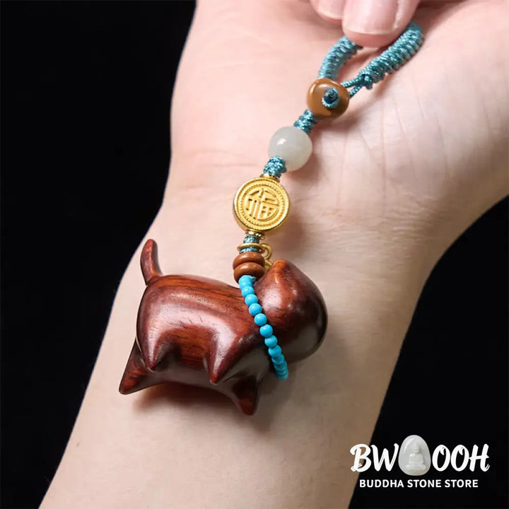 Buddha Stones Hetian Jade Natural Sandalwood Red Sandalwood Green Sandalwood Fu Character Abundance Key Chain - Key