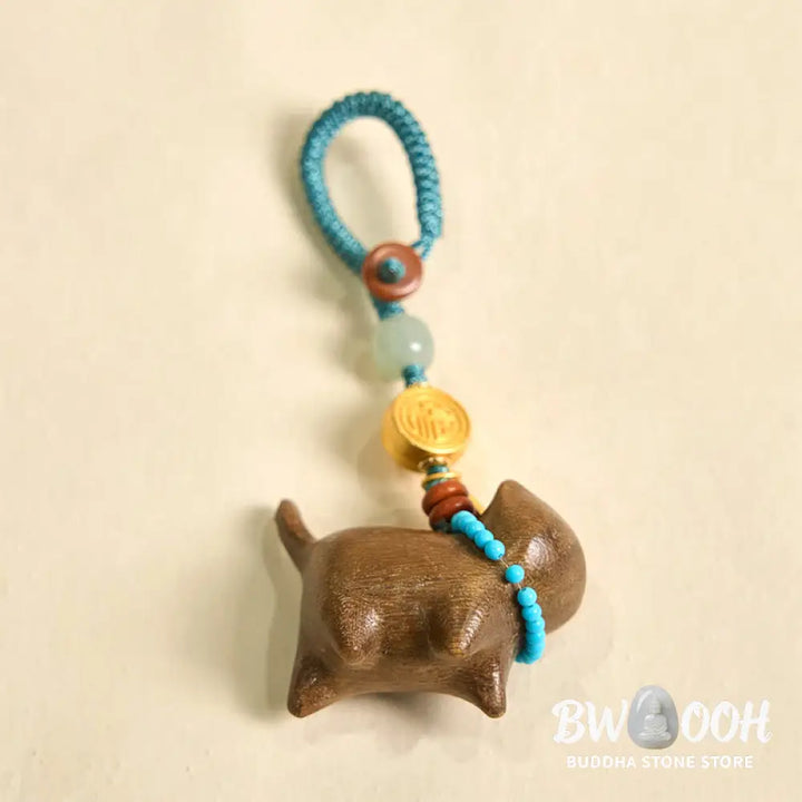 Buddha Stones Hetian Jade Natural Sandalwood Red Sandalwood Green Sandalwood Fu Character Abundance Key Chain - Key