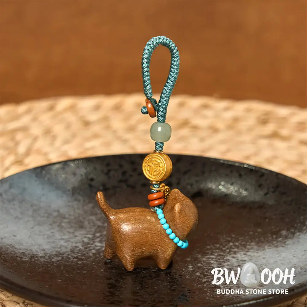 Buddha Stones Hetian Jade Natural Sandalwood Red Sandalwood Green Sandalwood Fu Character Abundance Key Chain - Key