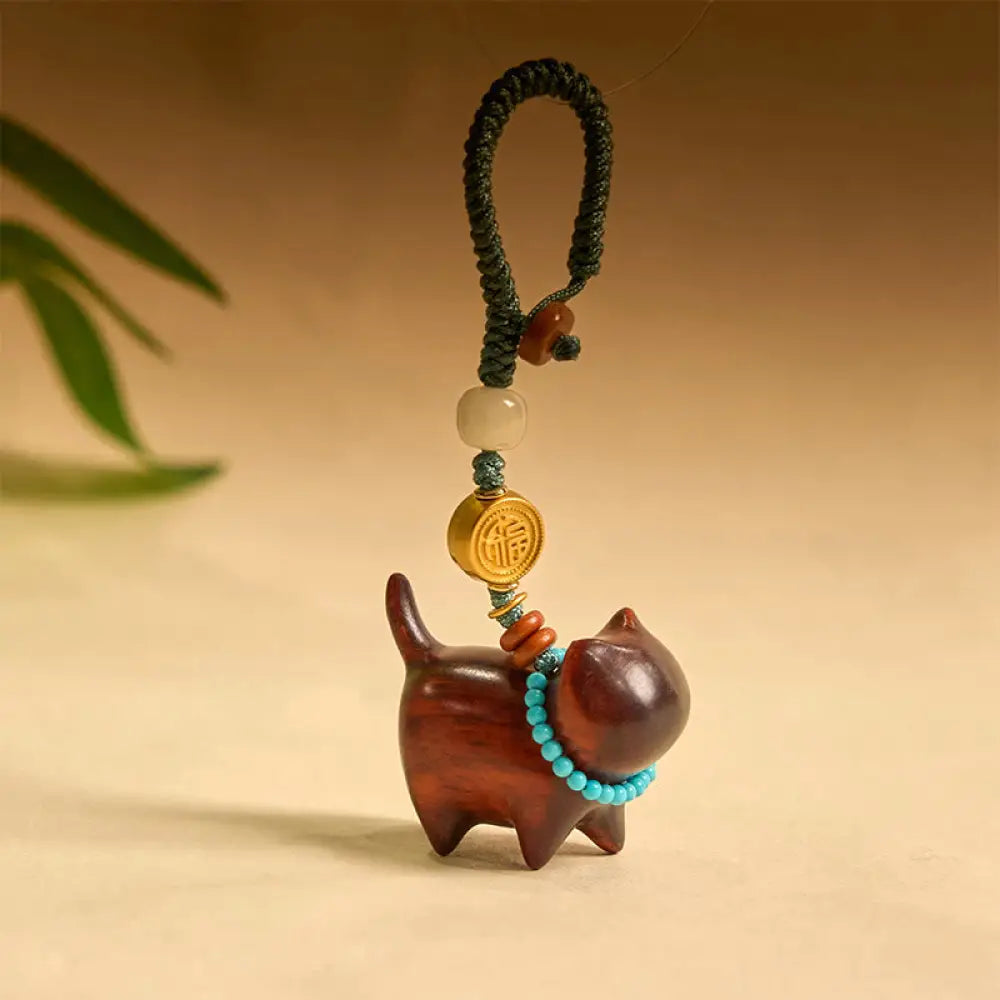 Buddha Stones Hetian Jade Natural Sandalwood Red Sandalwood Green Sandalwood Fu Character Abundance Key Chain - Red