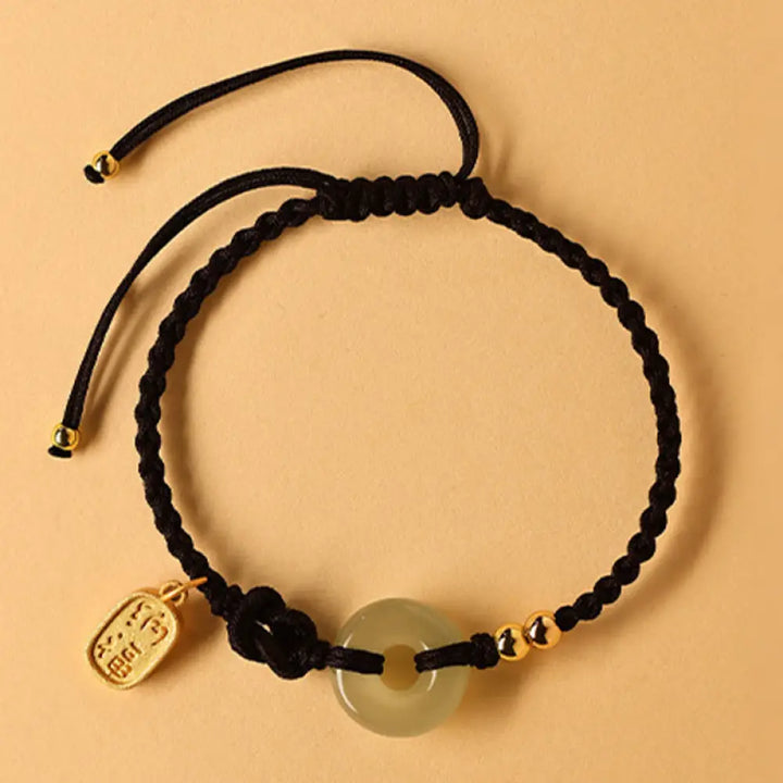 Buddha Stones Hetian Jade Peace Buckle Fu Character String Luck Bracelet - BWOOOH - Black Rope (Wrist Circumference