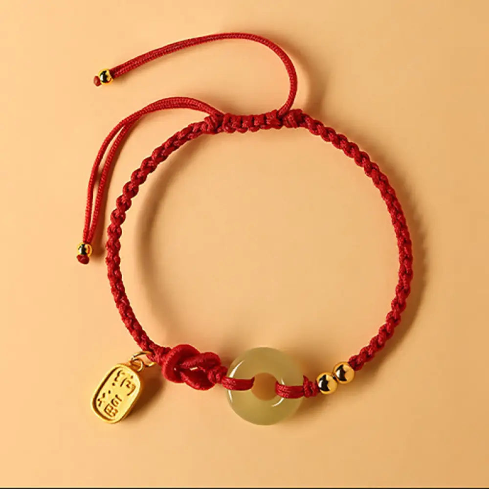 Buddha Stones Hetian Jade Peace Buckle Fu Character String Luck Bracelet - BWOOOH - Red Rope(Wrist Circumference