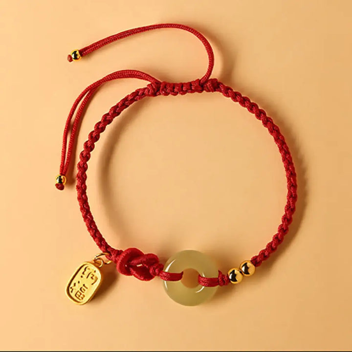 Buddha Stones Hetian Jade Peace Buckle Fu Character String Luck Bracelet - BWOOOH - Red Rope(Wrist Circumference