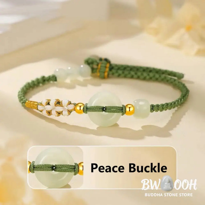 Buddha Stones Hetian Jade Peace Buckle Luck Peach Blossom Braided Bracelet - BWOOOH - Hetian