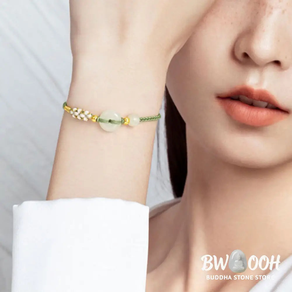 Buddha Stones Hetian Jade Peace Buckle Luck Peach Blossom Braided Bracelet - BWOOOH - Hetian