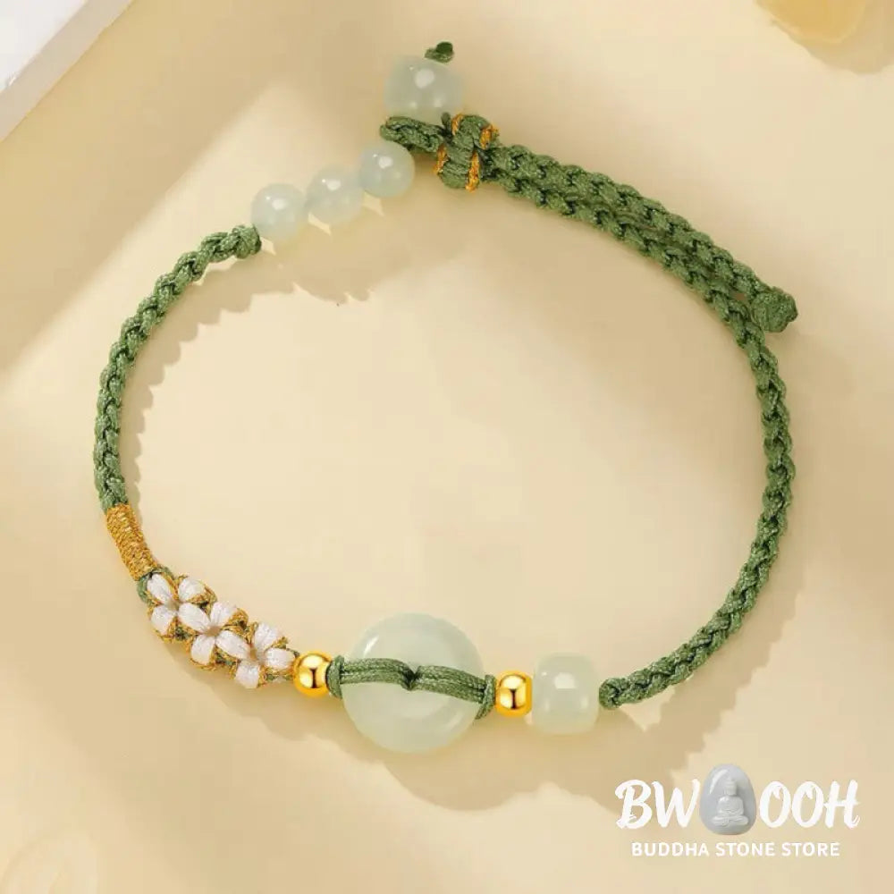Buddha Stones Hetian Jade Peace Buckle Luck Peach Blossom Braided Bracelet - BWOOOH - Hetian