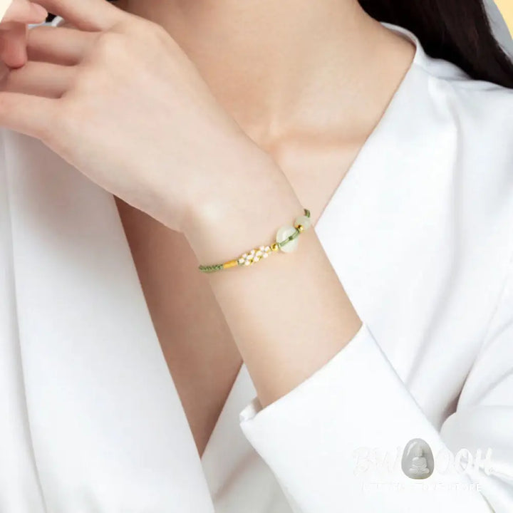 Buddha Stones Hetian Jade Peace Buckle Luck Peach Blossom Braided Bracelet - BWOOOH - Hetian