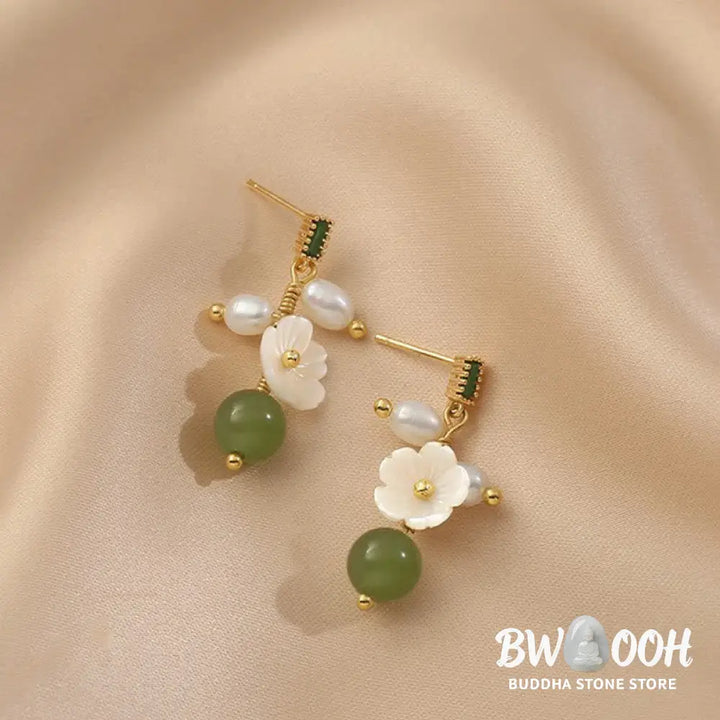 Buddha Stones Hetian Jade Pearl Bead Flower Prosperity Abundance Earrings - Jade(Size: 5*1.8 cm) - Earrings