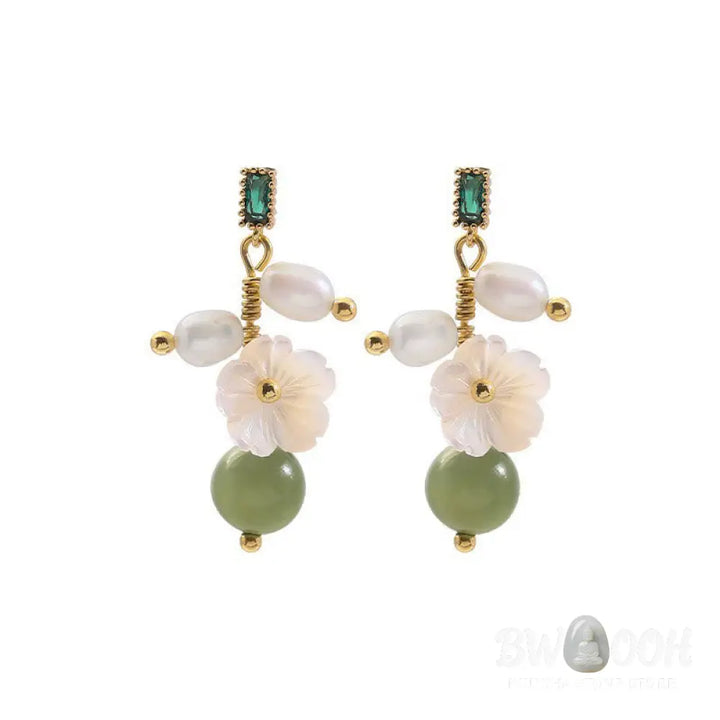 Buddha Stones Hetian Jade Pearl Bead Flower Prosperity Abundance Earrings - Jade(Size: 5*1.8 cm) - Earrings
