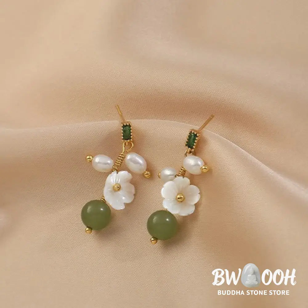 Buddha Stones Hetian Jade Pearl Bead Flower Prosperity Abundance Earrings - Jade(Size: 5*1.8 cm) - Earrings