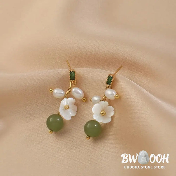 Buddha Stones Hetian Jade Pearl Bead Flower Prosperity Abundance Earrings - Jade(Size: 5*1.8 cm) - Earrings