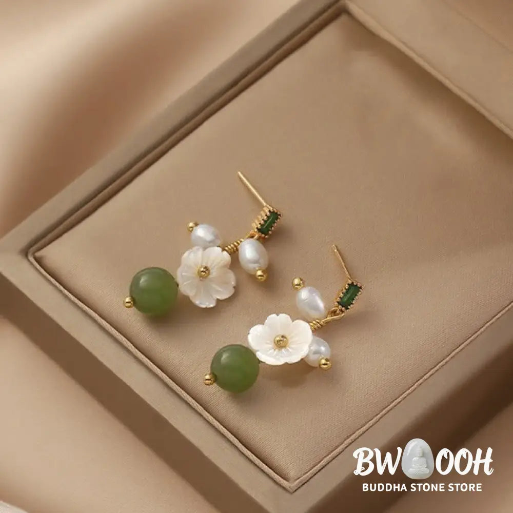 Buddha Stones Hetian Jade Pearl Bead Flower Prosperity Abundance Earrings - Jade(Size: 5*1.8 cm) - Earrings