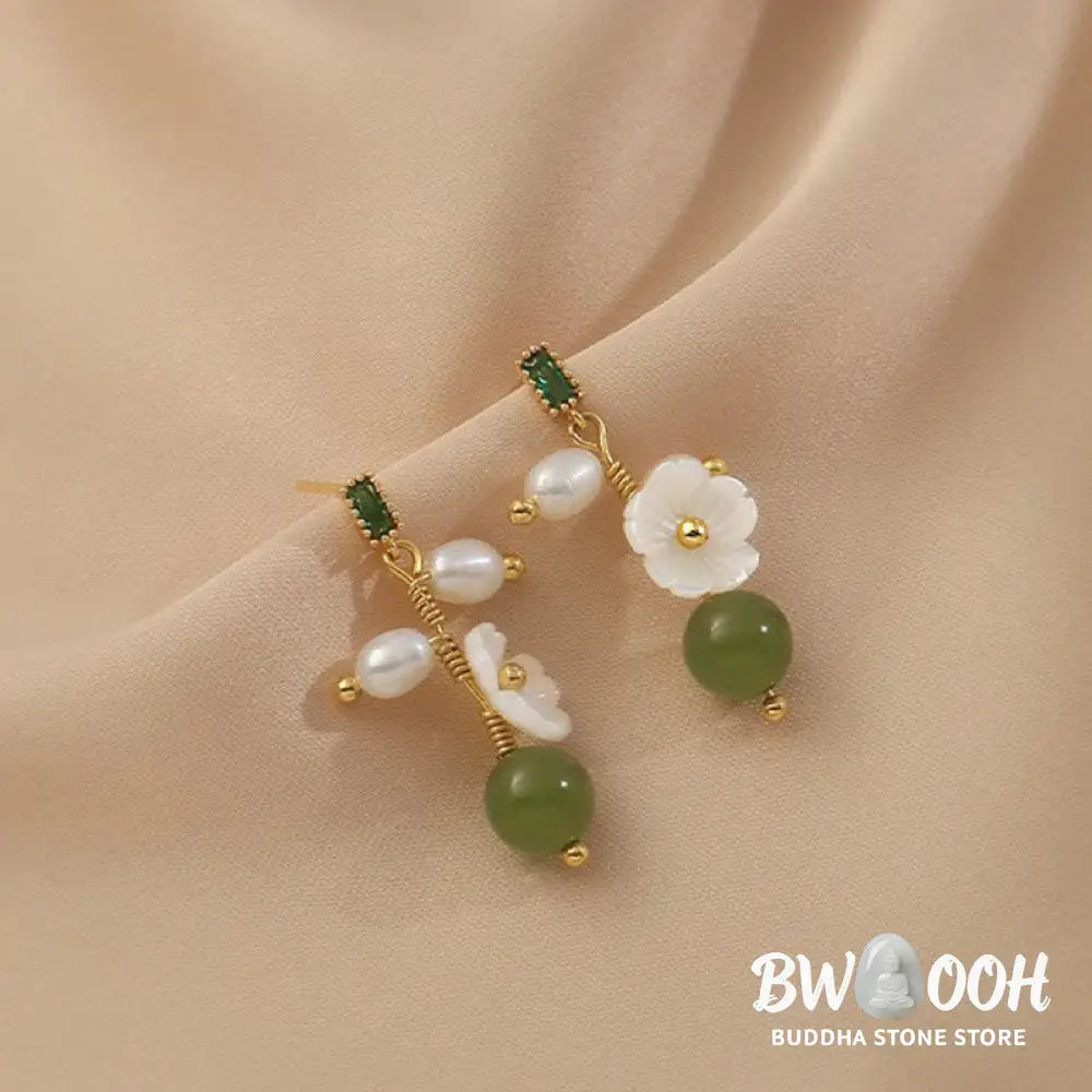 Buddha Stones Hetian Jade Pearl Bead Flower Prosperity Abundance Earrings - Jade(Size: 5*1.8 cm) - Earrings