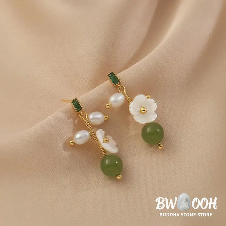 Buddha Stones Hetian Jade Pearl Bead Flower Prosperity Abundance Earrings - Jade(Size: 5*1.8 cm) - Earrings