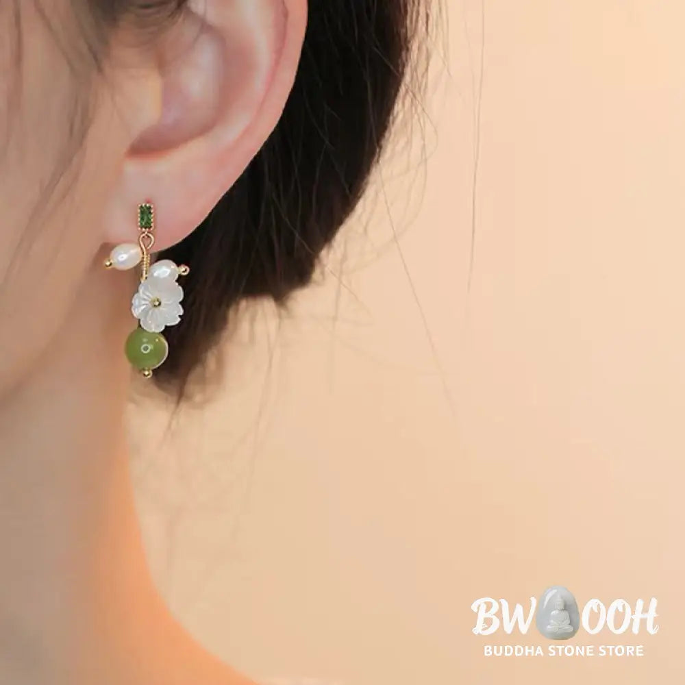 Buddha Stones Hetian Jade Pearl Bead Flower Prosperity Abundance Earrings - Jade(Size: 5*1.8 cm) - Earrings