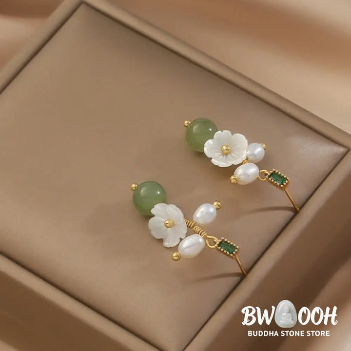 Buddha Stones Hetian Jade Pearl Bead Flower Prosperity Abundance Earrings - Jade(Size: 5*1.8 cm) - Earrings