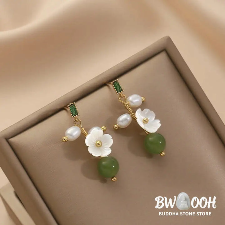 Buddha Stones Hetian Jade Pearl Bead Flower Prosperity Abundance Earrings - Jade(Size: 5*1.8 cm) - Earrings
