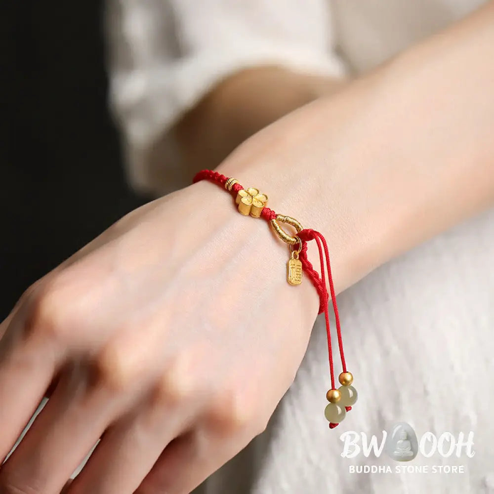 Buddha Stones Hetian Jade Small Peach Blossom Fu Character Charm Luck String Bracelet - BWOOOH - Bracelet