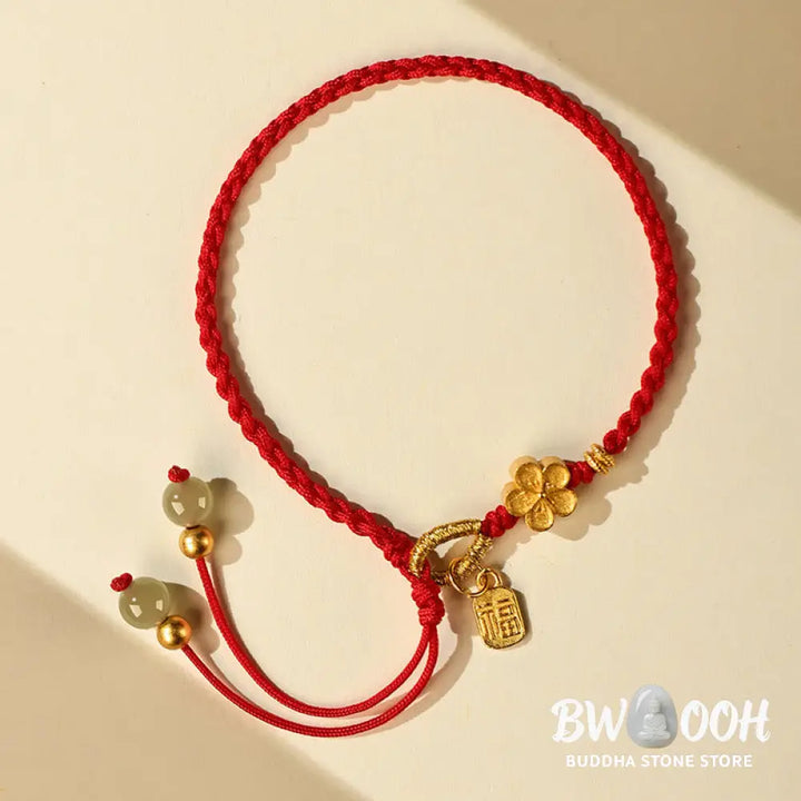 Buddha Stones Hetian Jade Small Peach Blossom Fu Character Charm Luck String Bracelet - BWOOOH - Bracelet