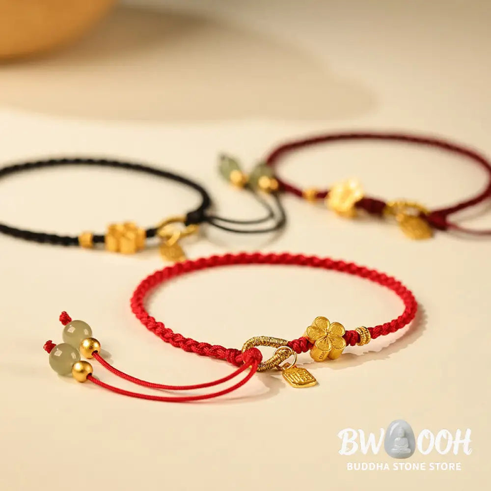 Buddha Stones Hetian Jade Small Peach Blossom Fu Character Charm Luck String Bracelet - BWOOOH - Bracelet