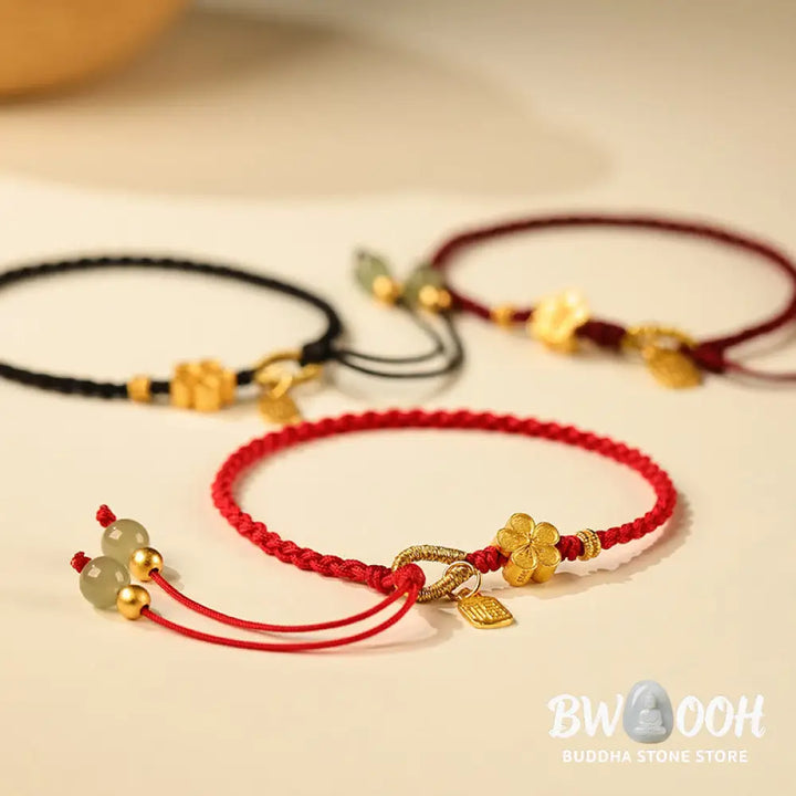 Buddha Stones Hetian Jade Small Peach Blossom Fu Character Charm Luck String Bracelet - BWOOOH - Bracelet