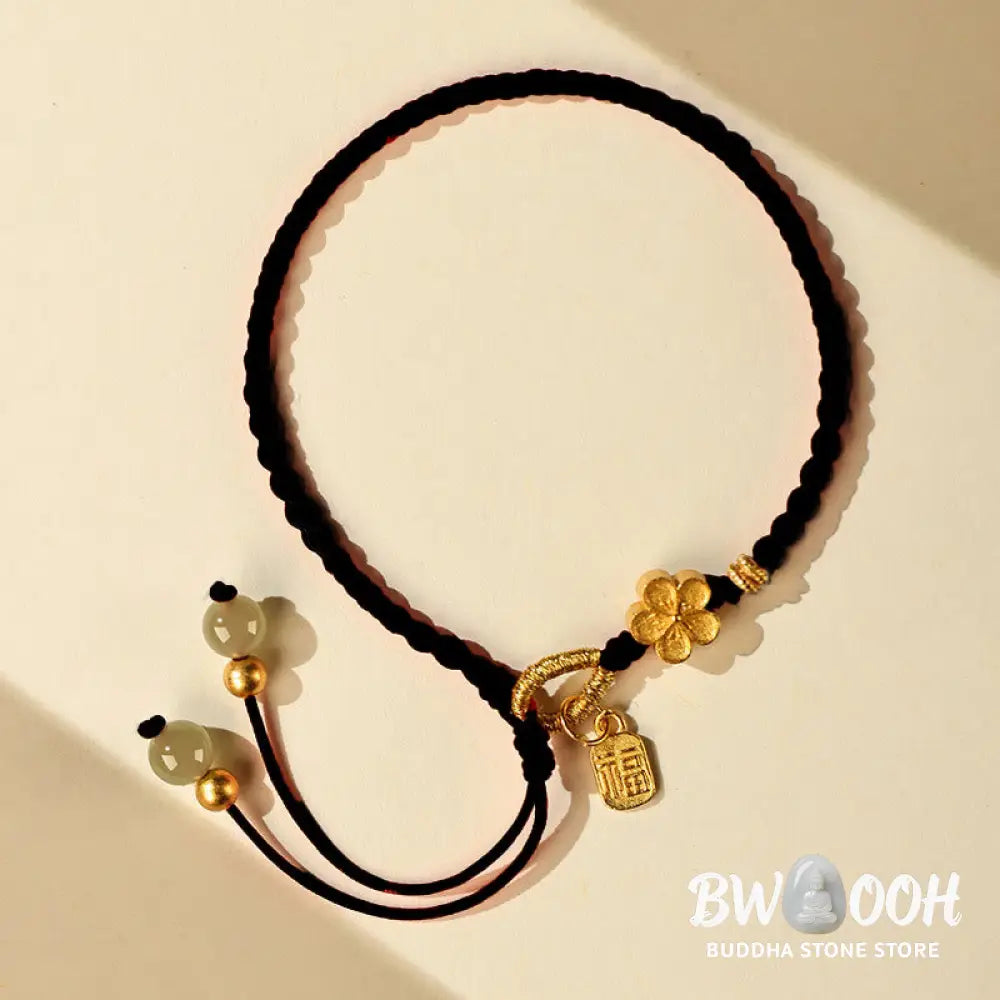Buddha Stones Hetian Jade Small Peach Blossom Fu Character Charm Luck String Bracelet - BWOOOH - Bracelet