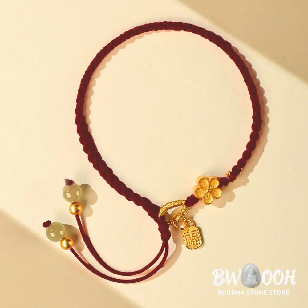 Buddha Stones Hetian Jade Small Peach Blossom Fu Character Charm Luck String Bracelet - BWOOOH - Bracelet