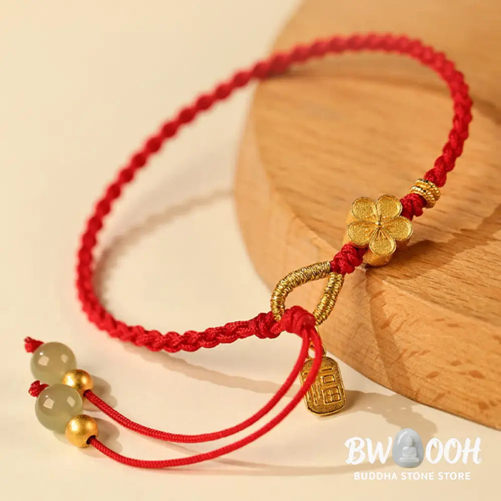Buddha Stones Hetian Jade Small Peach Blossom Fu Character Charm Luck String Bracelet - BWOOOH - Bracelet